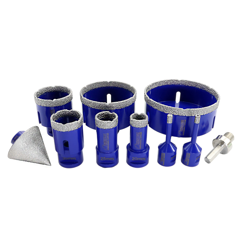 SHDIATOOL 1set/10pcs with box 6/6/20/25/35/50/75/100mm Diamond Drill Core Bits +50mm Diamond Chamfer Bit +Hex Adapter Vacuum Brazed M14 Thread - SHDIATOOL