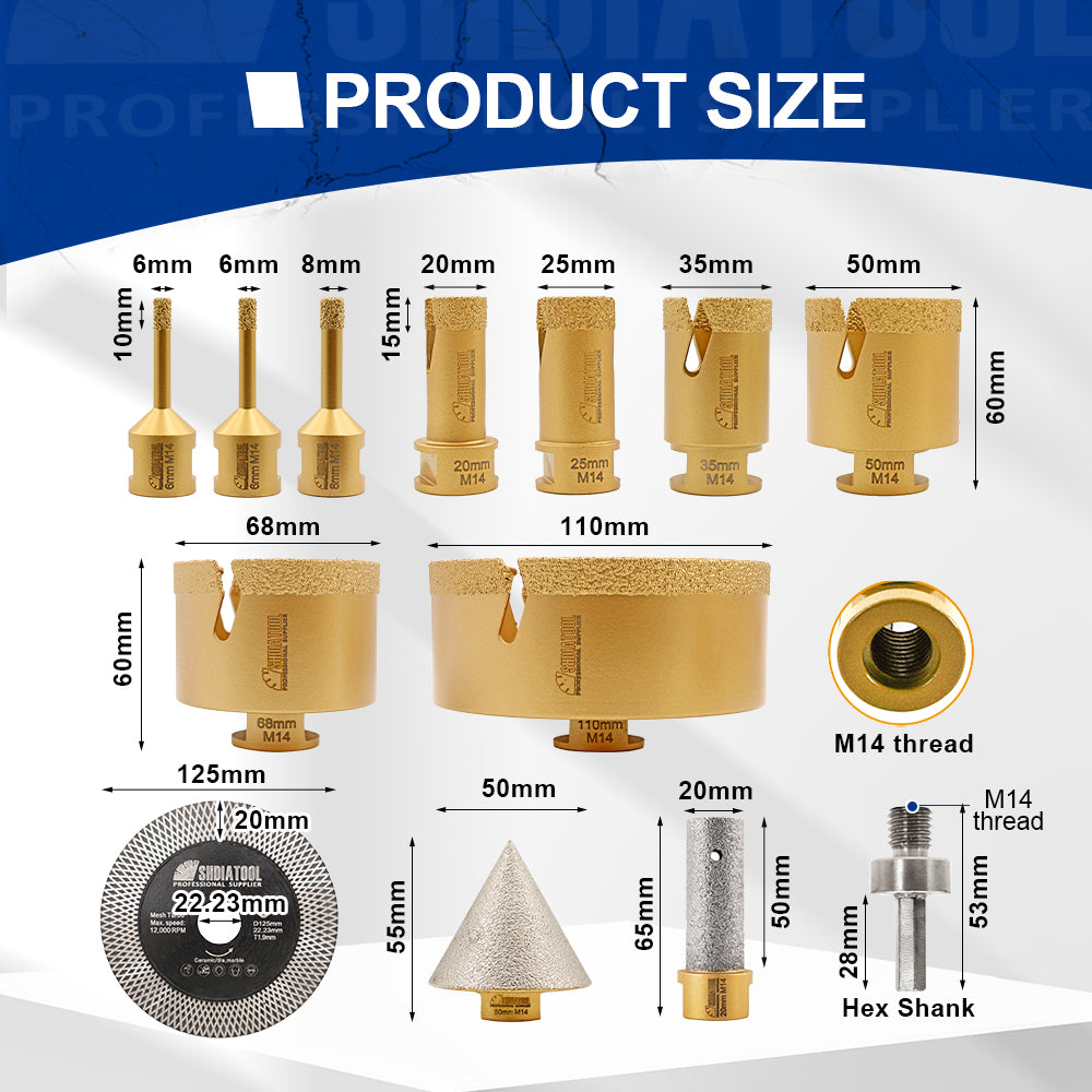 DE Warehouse SHDIATOOL Diamond 12pcs/kit Core Drill Bits M14 for Ceramic Tile Porcelain