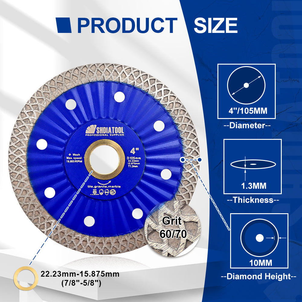 SHDIATOOL Diamond Hot Pressed Turbo Saw Blade for Cutting Tile Granite Marble Quartz Sandstone 4''/4.5''/7''