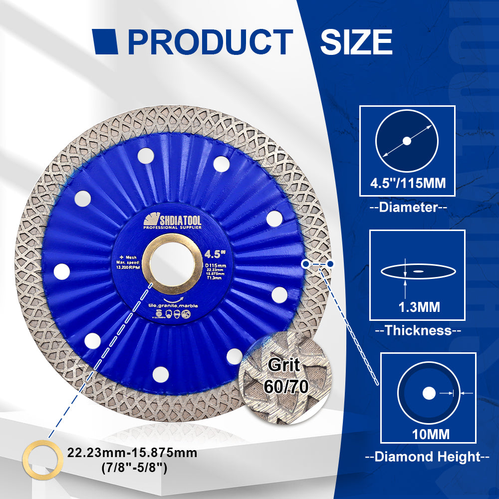 SHDIATOOL Diamond Hot Pressed Turbo Saw Blade for Cutting Tile Granite Marble Quartz Sandstone 4''/4.5''/7''