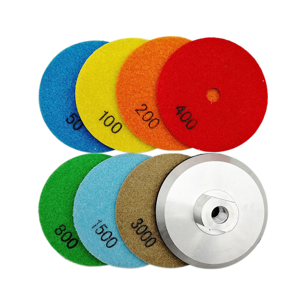 4 inch Dry Diamond Polishing Pad for Granite Marble 7pcs/set Mixed Grits Plus a 5/8-11 Backer - SHDIATOOL