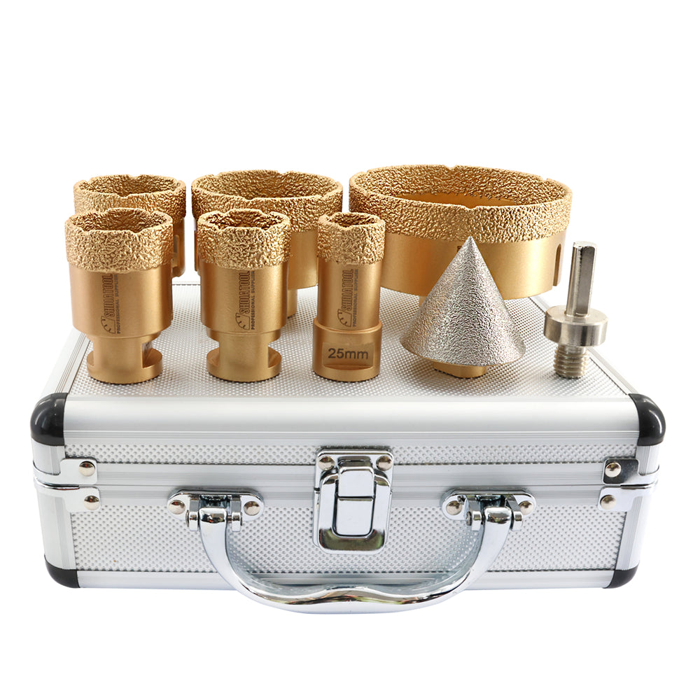 SHDIATOOL Diamond Core Drill Bits 1set/8pcs M14 Thread 25/35/40/50/68/100mm Core Bits+50mm Chamfer+Triangle Adapter Marble Ceramic Tile Hole Saw - SHDIATOOL