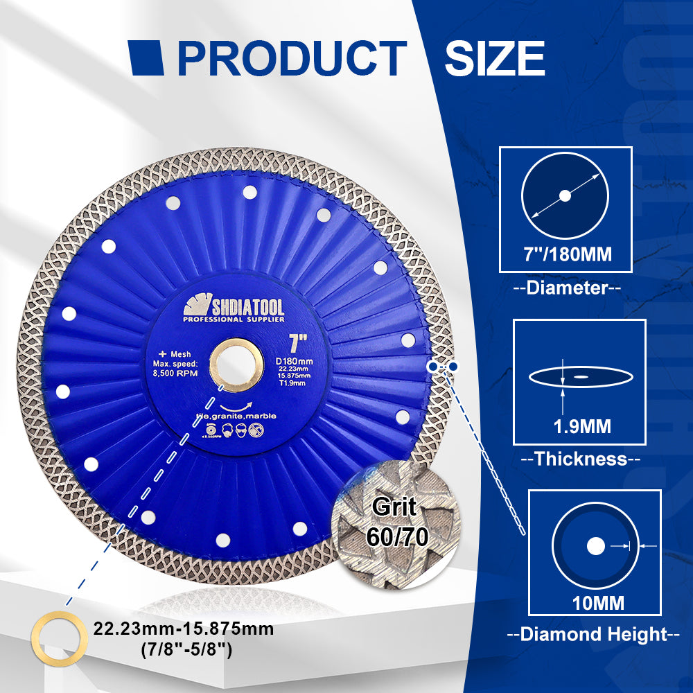 SHDIATOOL Diamond Hot Pressed Turbo Saw Blade for Cutting Tile Granite Marble Quartz Sandstone 4''/4.5''/7''