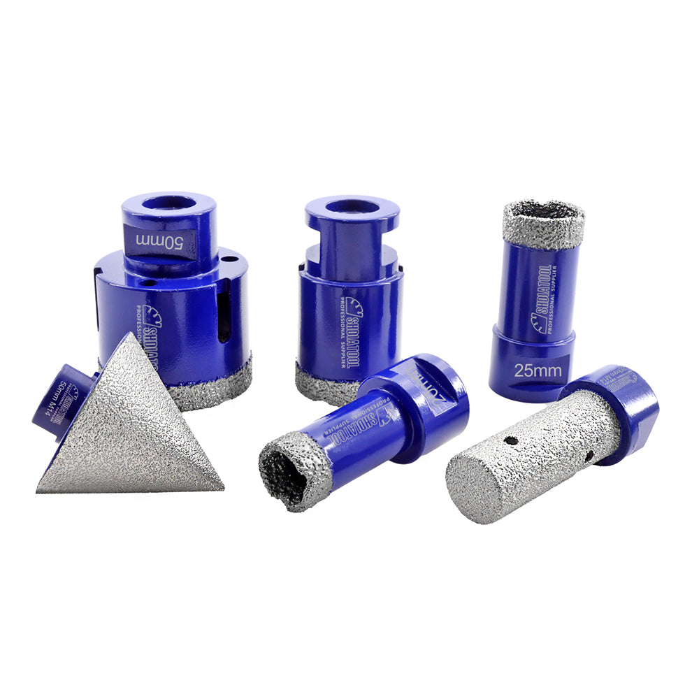 SHDIATOOL 1set/6pcs with box Vacuum Brazed Dia 20mm/25mm/35mm/ 50mm Diamond Drill Core Bits +20mm Diamond Finger Bit+Chamfer Bit for Granite Marble Ceramic M14 Thread - SHDIATOOL