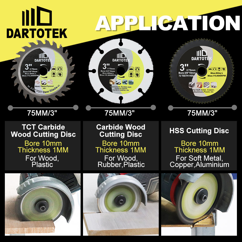 DARTOTEK 7pcs 3''75MM TCT Discs HSS Discs Carbided Cutting Dics for Wood Diamond Saw Tree Plastic Triming Metal Iron