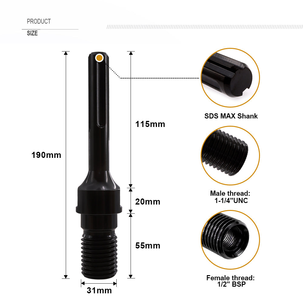 1 1/4"-7 UNC Male Thread(Include 1/2 BSP Female Thread)to SDS MAX Shank - SHDIATOOL