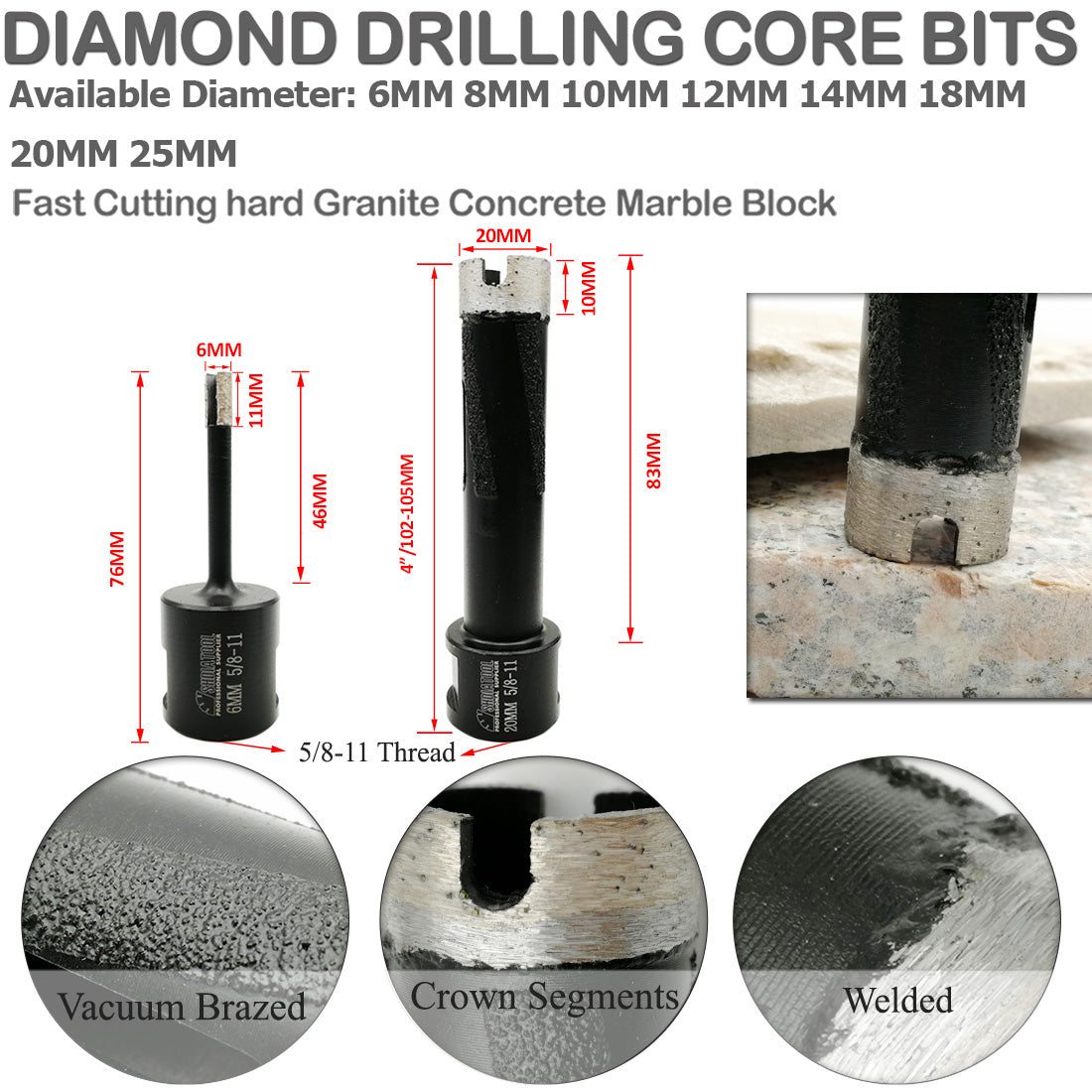 Wet Diamond Drilling Core Bits for Hard Granite Marble Concrete from 6mm to 14mm - SHDIATOOL