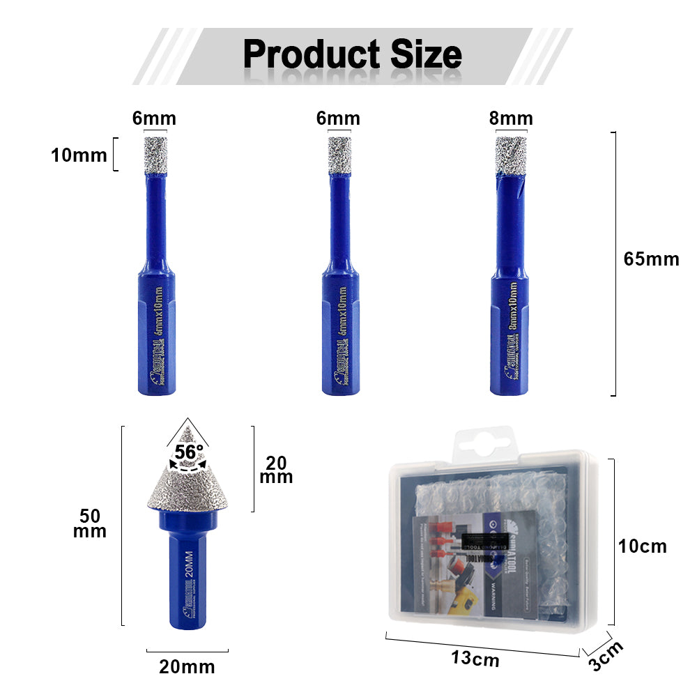Diamond Drill Bits 4pcs/set Dia 6/6/8mm Core Bits Triangle Shank+20mm Chamfer Bit Granite Ceramic Marble Vacuum Brazed Hole Saw