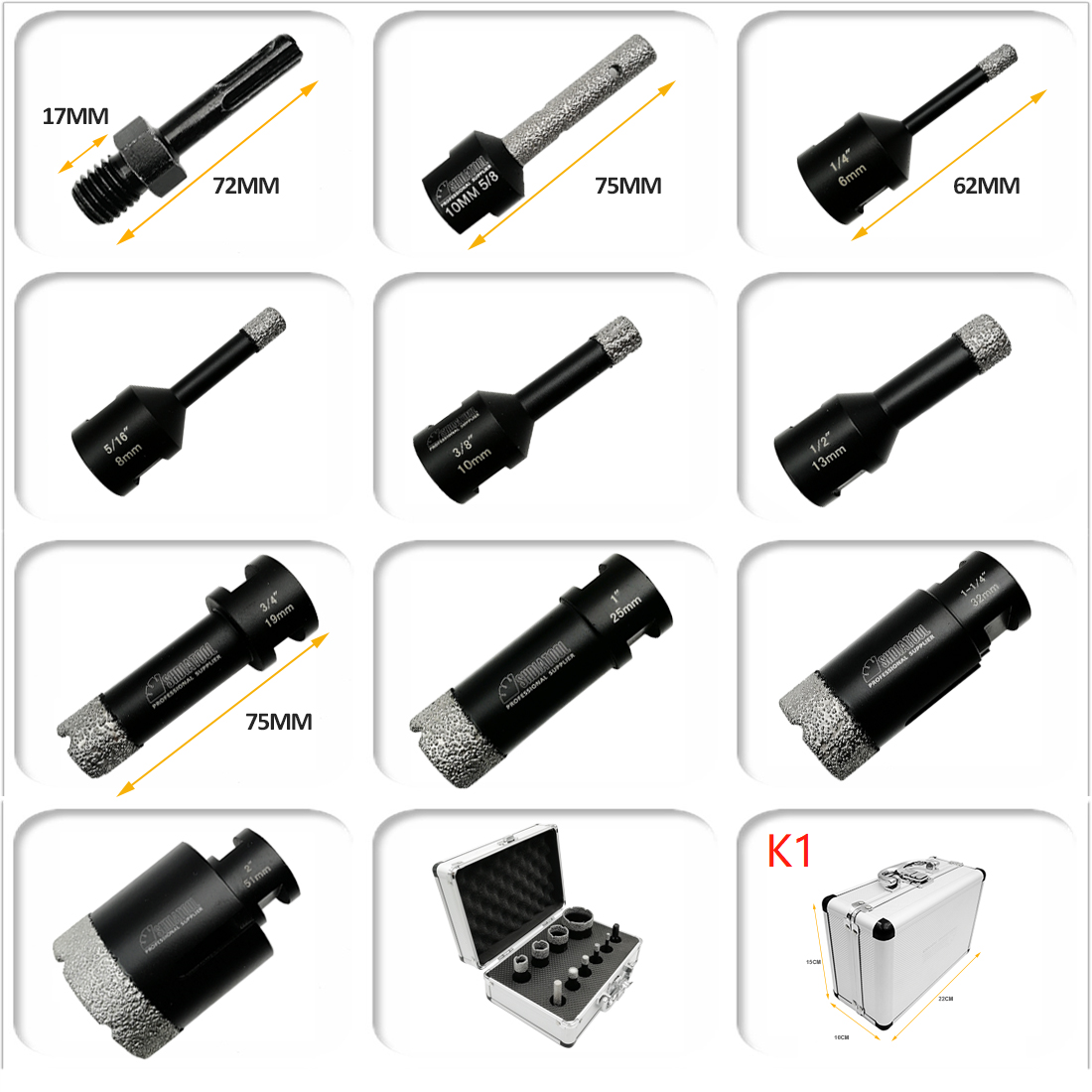 Dry Diamond Drill Bits Kit 10pcs for Porcelain Tile Ceramic Marble Brick 5/8-11 Thread - SHDIATOOL
