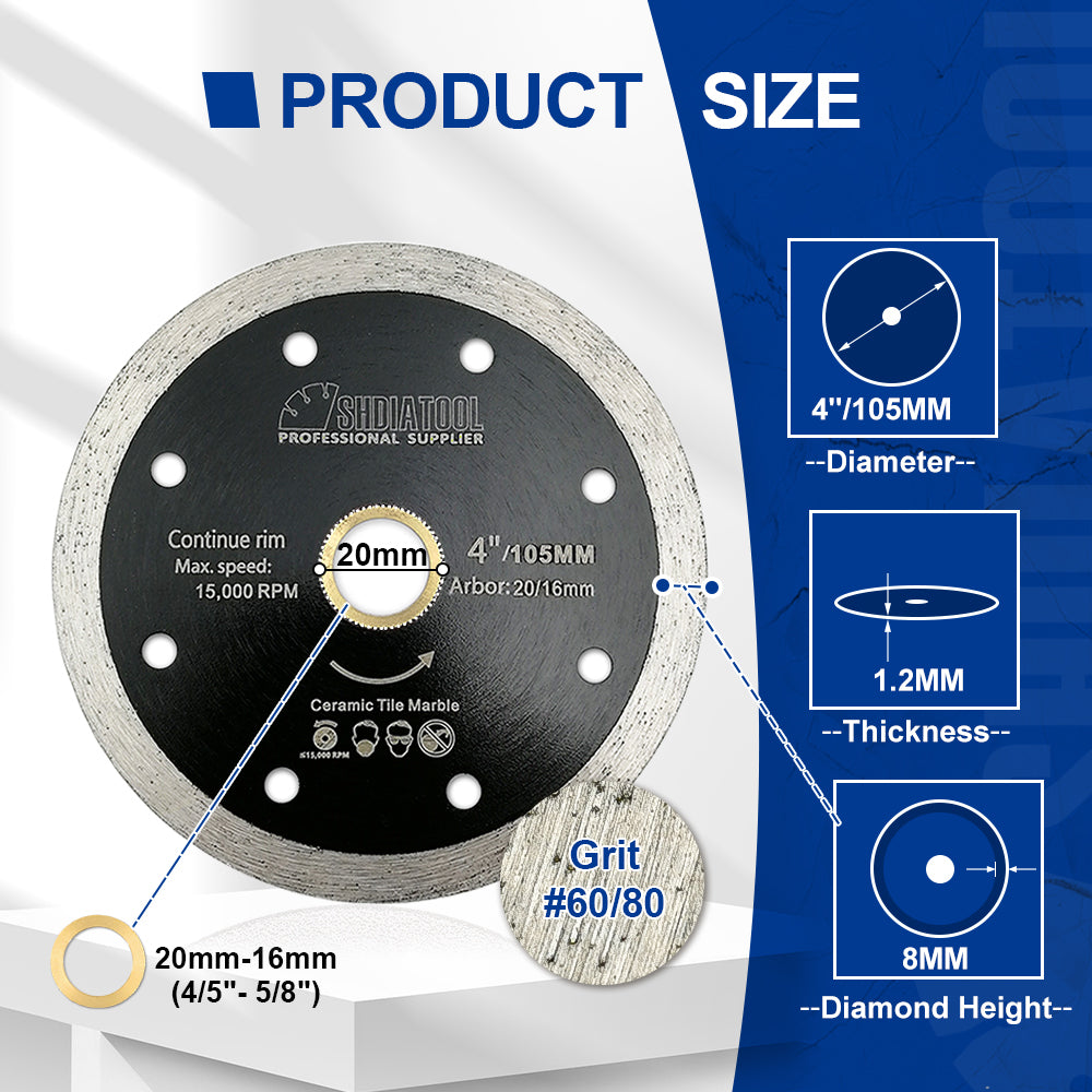 SHDIATOOL 4" 4.5"Continuous Rim Diamond Blade Wet cutting Ceramic Tile