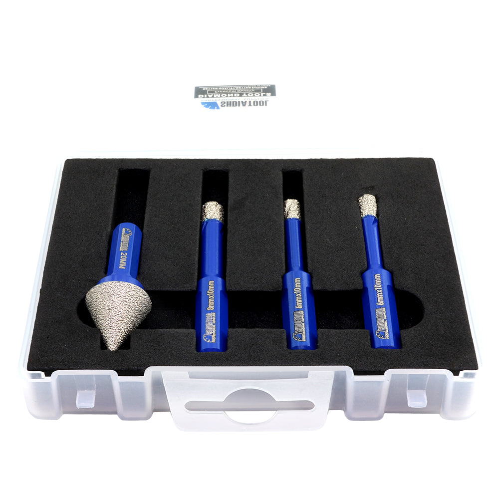 Diamond Drill Bits 4pcs/set Dia 6/6/8mm Core Bits Triangle Shank+20mm Chamfer Bit Granite Ceramic Marble Vacuum Brazed Hole Saw