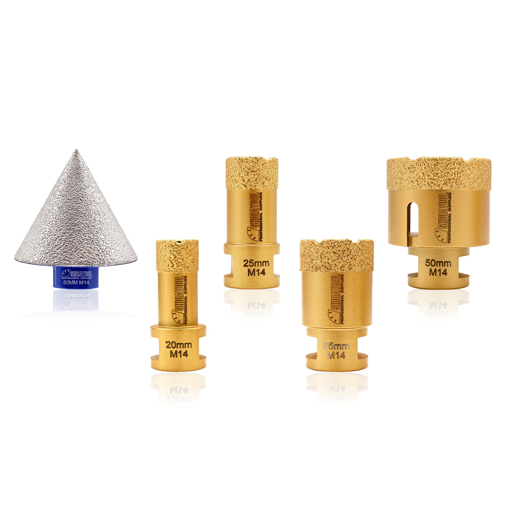 SHDIATOOL 5pcs 20/25/35/50MM Drill Bits 2 inch 50mm
Beveling Grinding Chamfer Bit M14 Drill Bits Kit for Tile Marble Granite Porcelain Sandstone