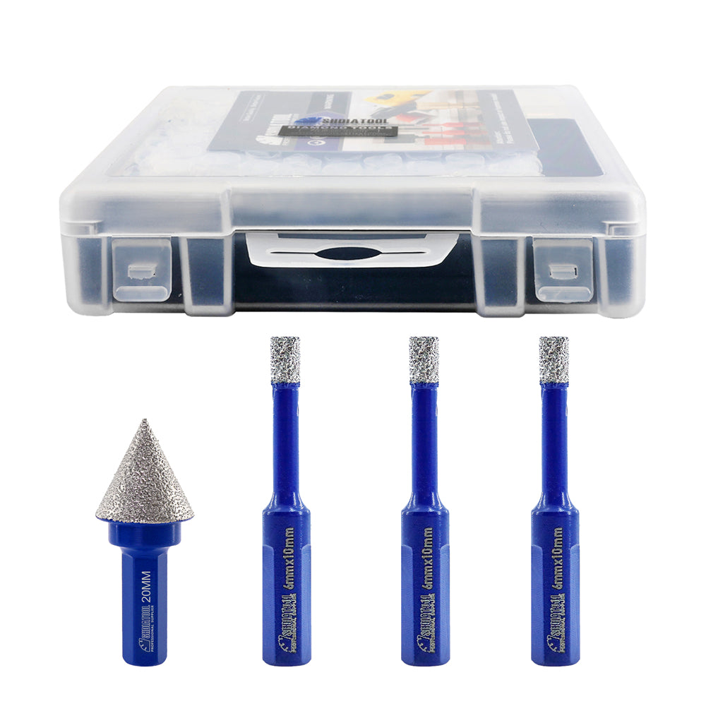 Diamond Drill Bits 4pcs/set Dia 6mm Core Bits Triangle Shank+20mm Chamfer Bit Granite Marble Ceramic Vacuum Brazed Hole Saw