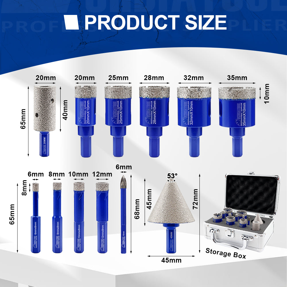 Shdiatool 10/12/13PCS Diamond Hole Saw Drill Bits Kit Hexagon Shank for Granite Tile Marble