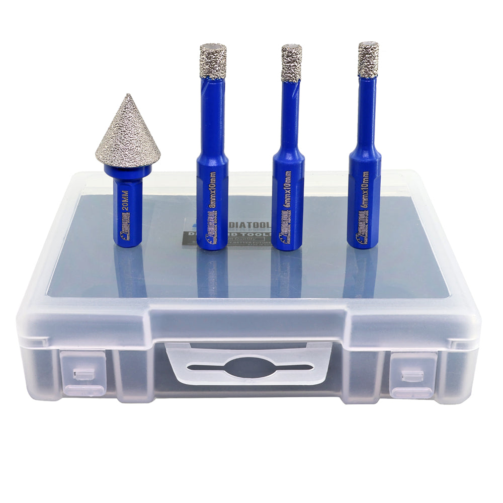 Diamond Drill Bits 4pcs/set Dia 6/6/8mm Core Bits Triangle Shank+20mm Chamfer Bit Granite Ceramic Marble Vacuum Brazed Hole Saw