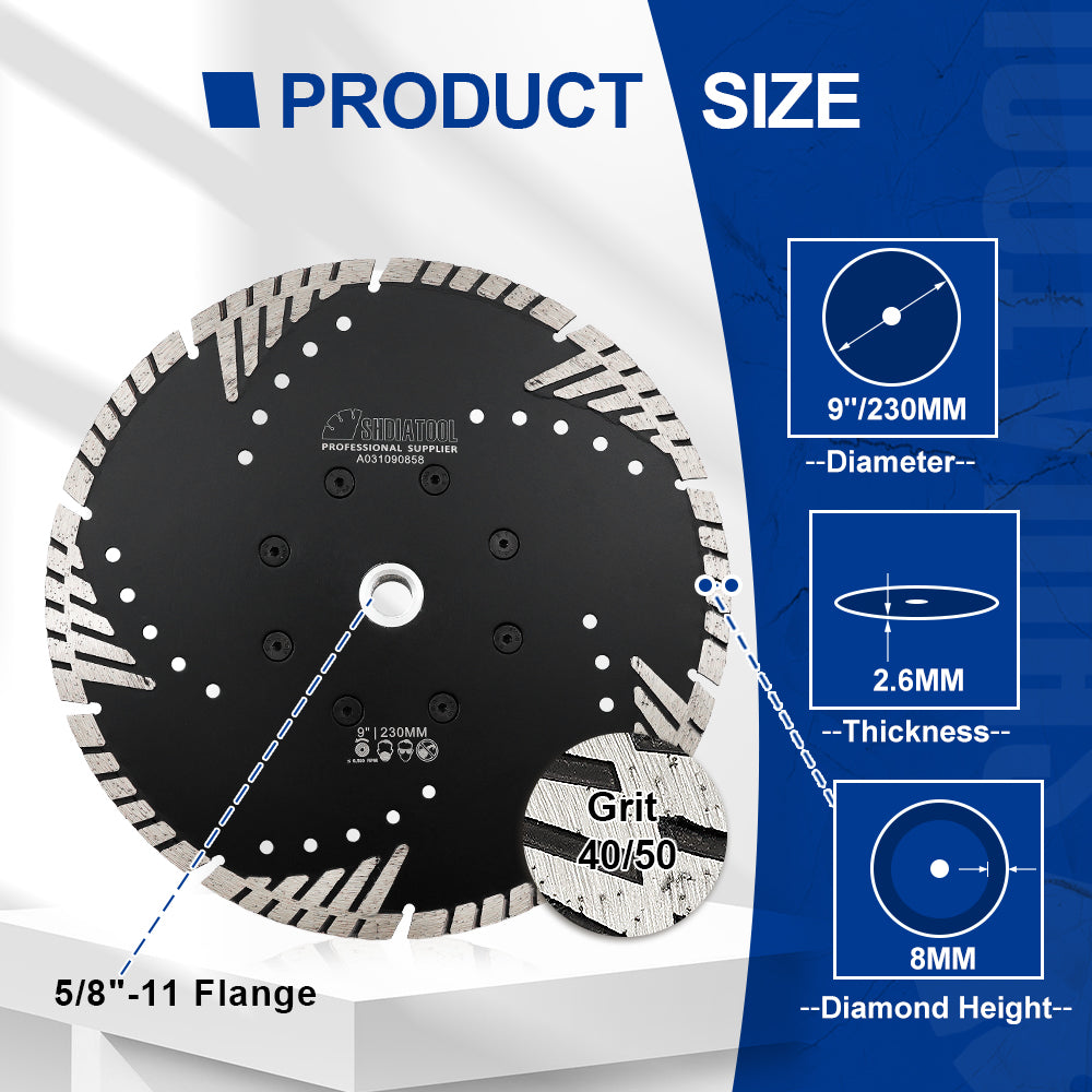 Turbo Blade with Slant Protection Teeth Cutting Granite Marble Concrete 9" 5/8-11 Flange