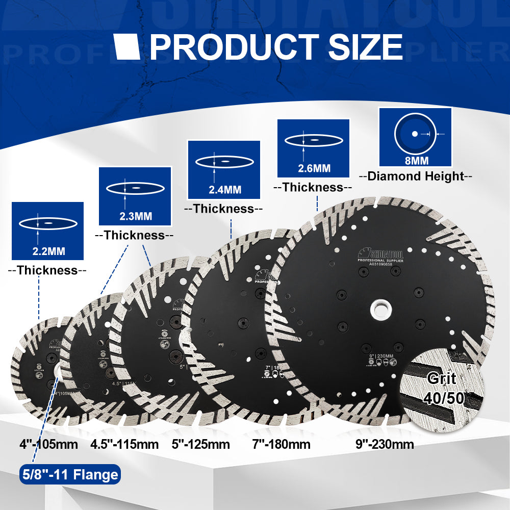 Turbo Saw Blade With Slant Protection Teeth 5pcs 4/4.5/5" Concrete Granite 5/8-11 or M14 Flange