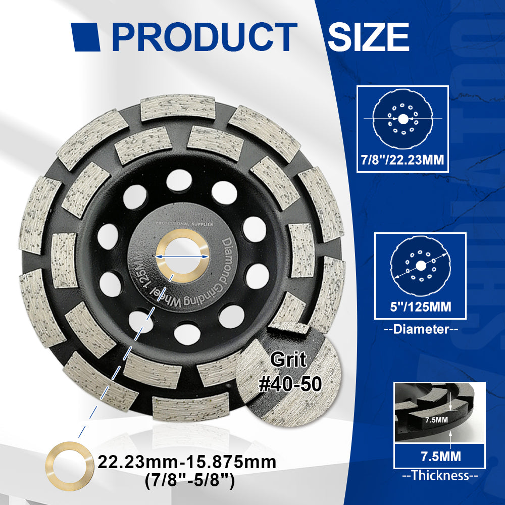 SHDIATOOL Double Row Diamond Grinding Cup Wheel for Concrete Granite Marble Masonry Brick Fits 7/8 Inch Arbor Diameter 4" 4.5" 5" 7"