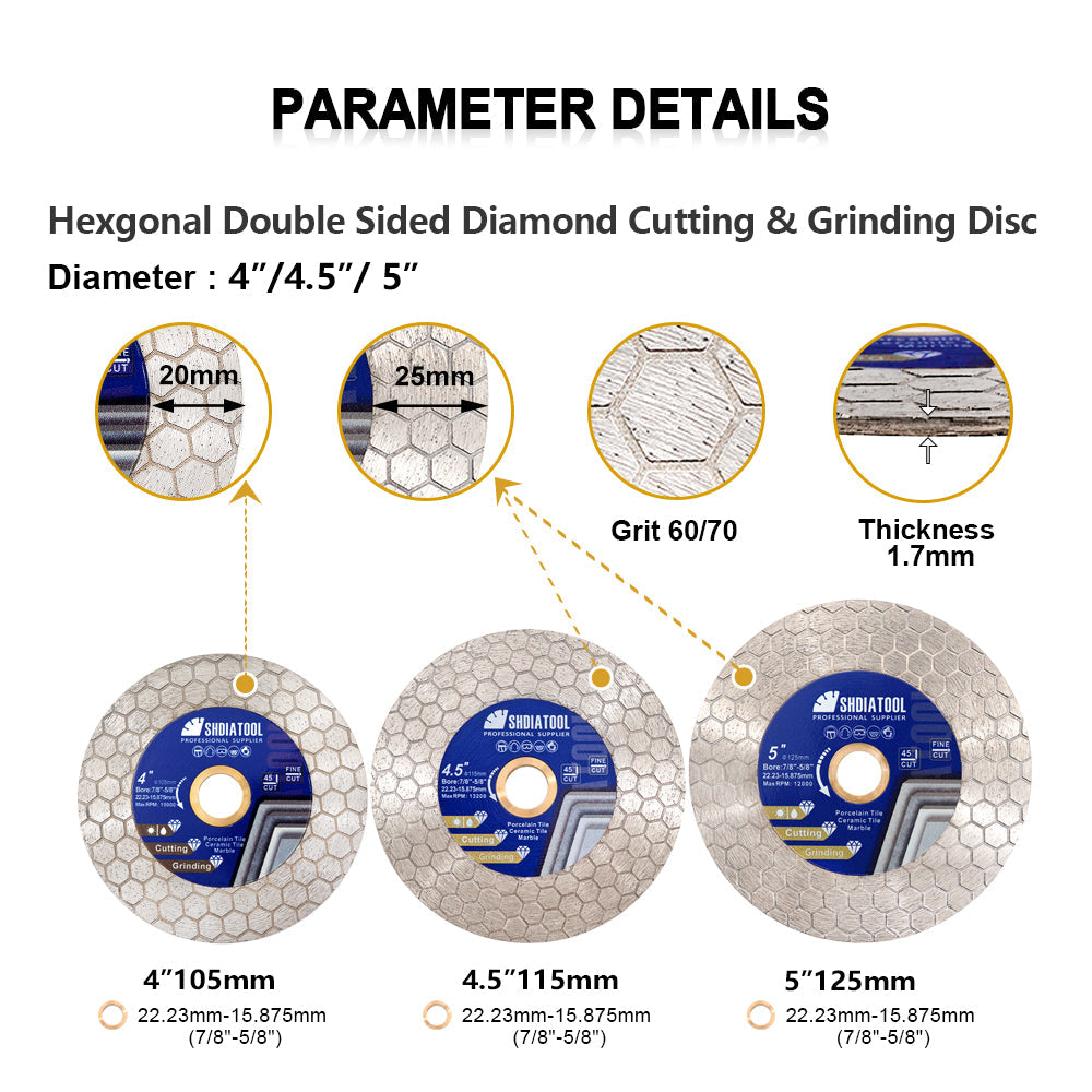SHDIATOOL Saw Blade 5pcs 4/4.5/5 Inchs Cutting Grinding Ceramic Granite Marble