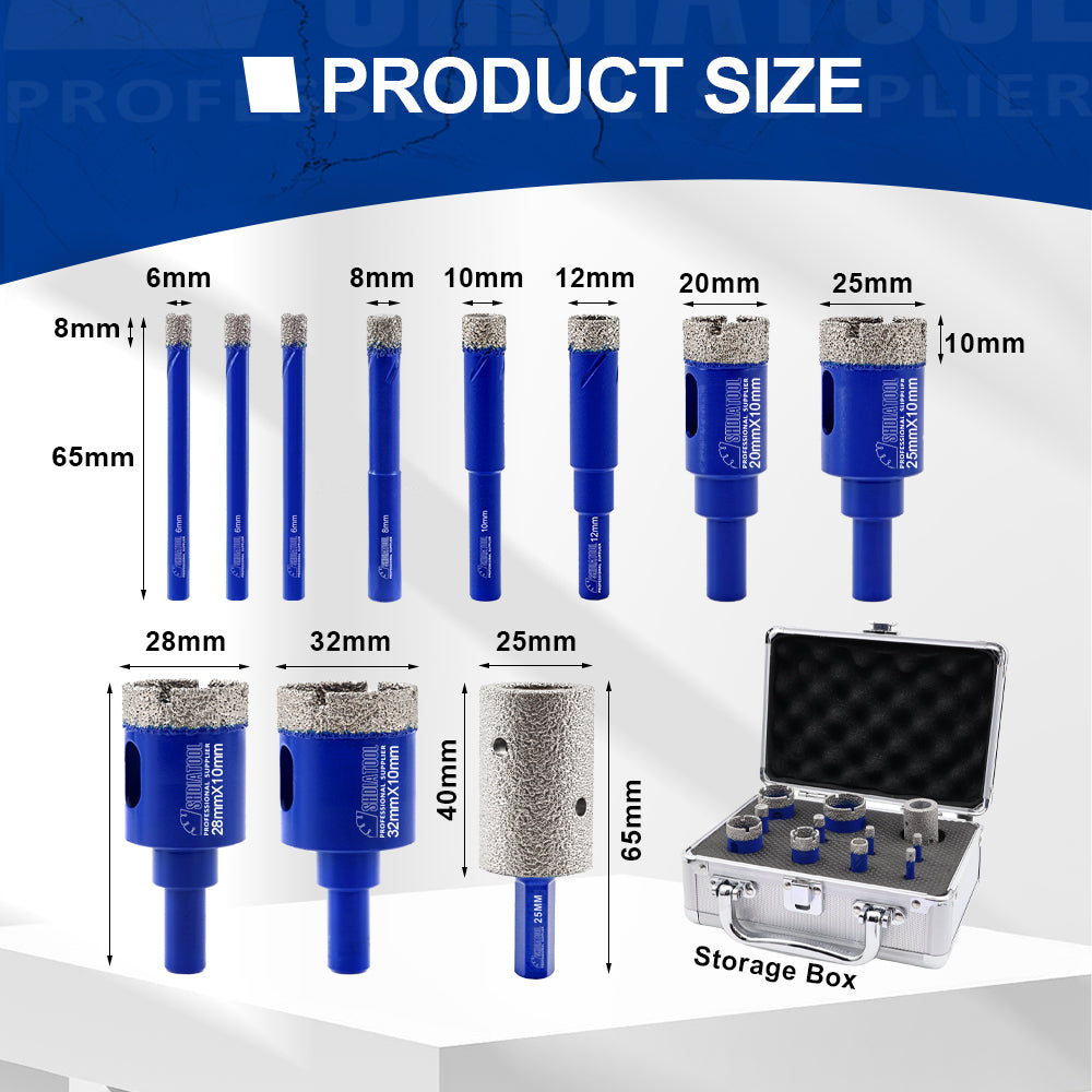 SHDIATOOL 11pcs 6-32mm Diamond Drilling Bit Set +25mm Milling Core Bit Porcelain Ceramic Marble Granite