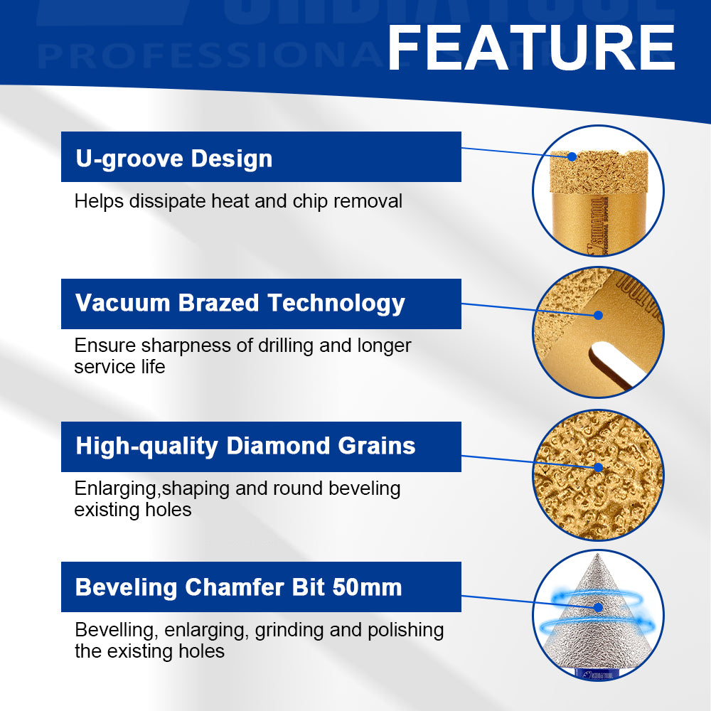 SHDIATOOL 5pcs 20/25/35/50MM Drill Bits 2 inch 50mm
Beveling Grinding Chamfer Bit M14 Drill Bits Kit for Tile Marble Granite Porcelain Sandstone