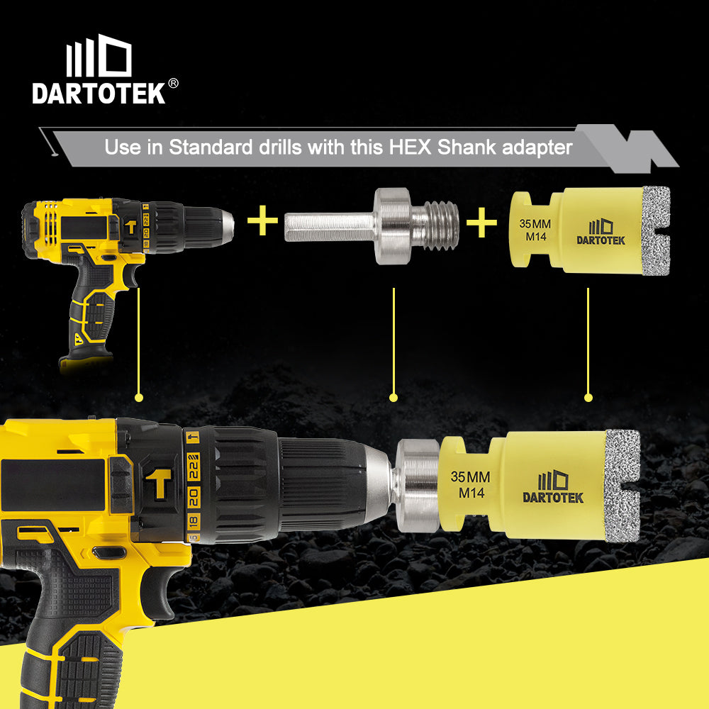 DARTOTEK M14 10Pcs 6-68mm Diamond Drill Core Bit Set Hole Saw 50mm Chamfer 10mm Finger Bits Hex Adapter M14 Marble Tile Tool Kit