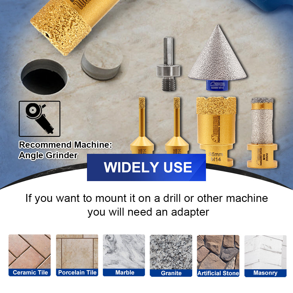 SHDIATOOL 6pcs 6/35MM Drill Bits 20MM Milling Drilling Finger Hex Adapter Bit Beveling Chamfer Bit M14 Drill Bits Kit for Tile Marble Granite Porcelain Sandstone