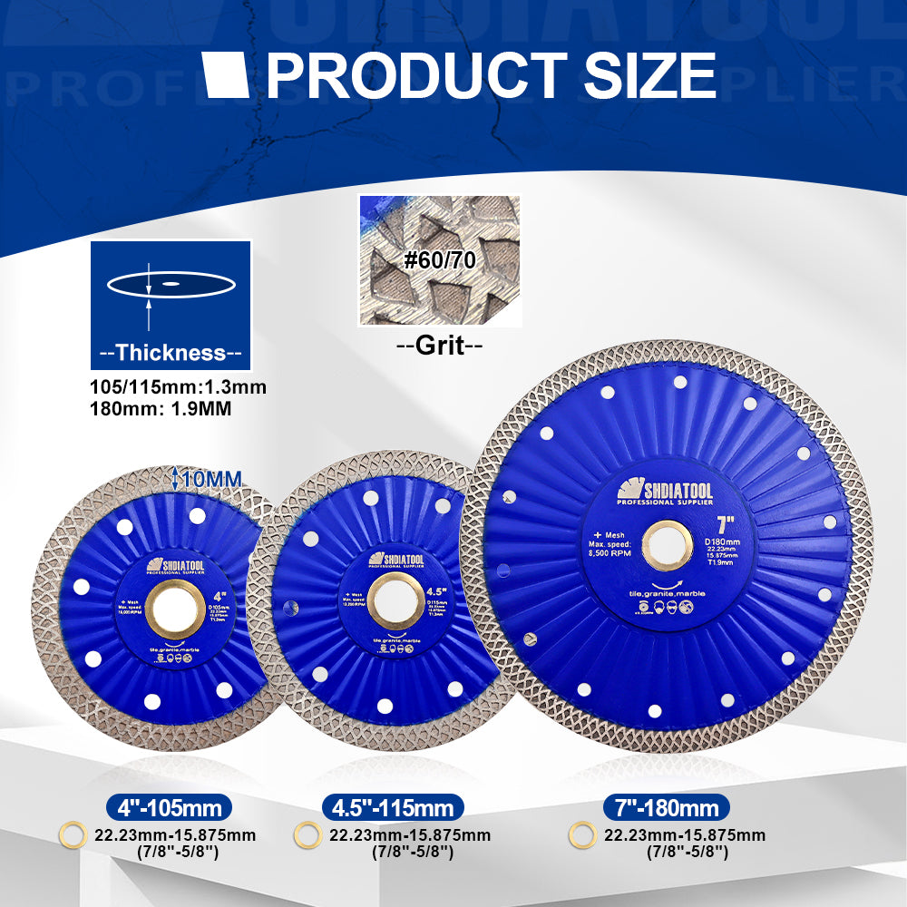 SHDIATOOL Diamond Hot Pressed Turbo Saw Blade for Cutting Tile Granite Marble Quartz Sandstone 4''/4.5''/7''