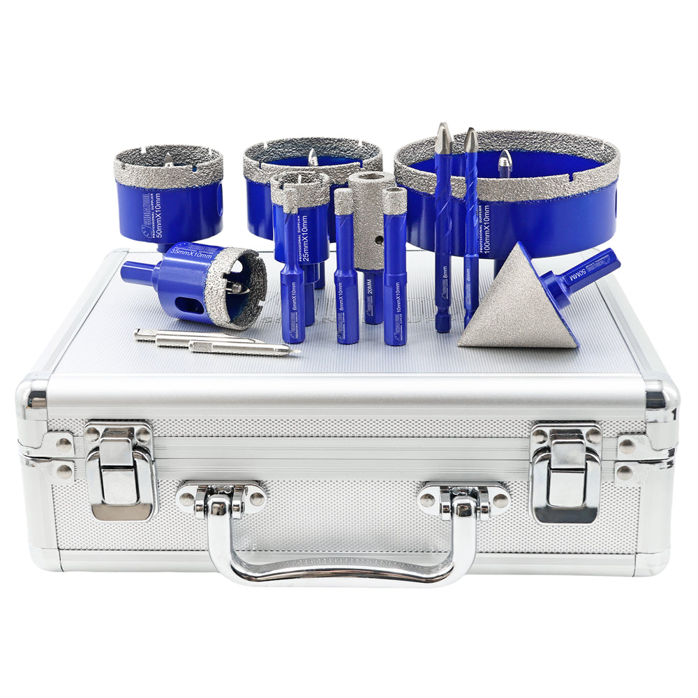 SHDIATOOL 15pcs 6-100MM Diamond Core Drill Bit Hole Saw Kit with Removable Pilot Bits for Porcelain Ceramic Tile 50mm Beveling Chamfer Bit 20mm Finger Bits 6/8mm Carbide Drill Bits