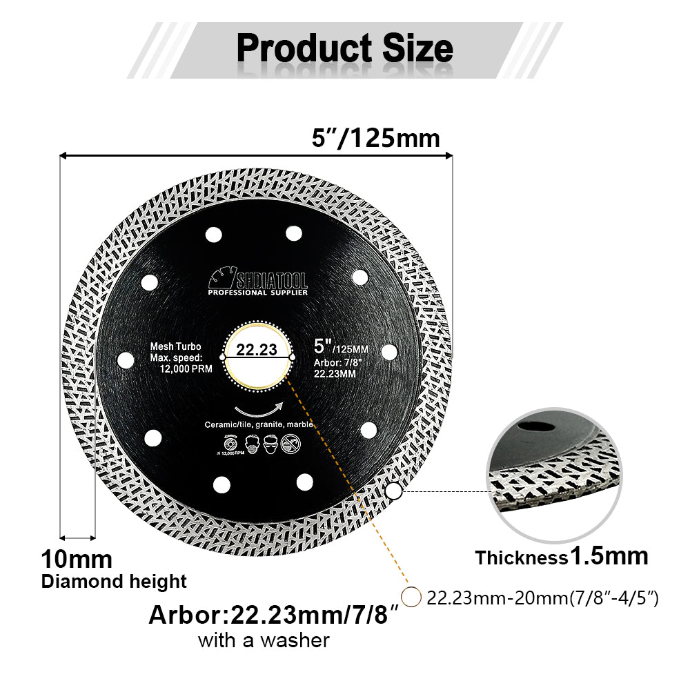 Mesh Turbo Diamond Saw Blades 5pcs 4"/4.5"/5" Porcelain Tile Granite Marble
