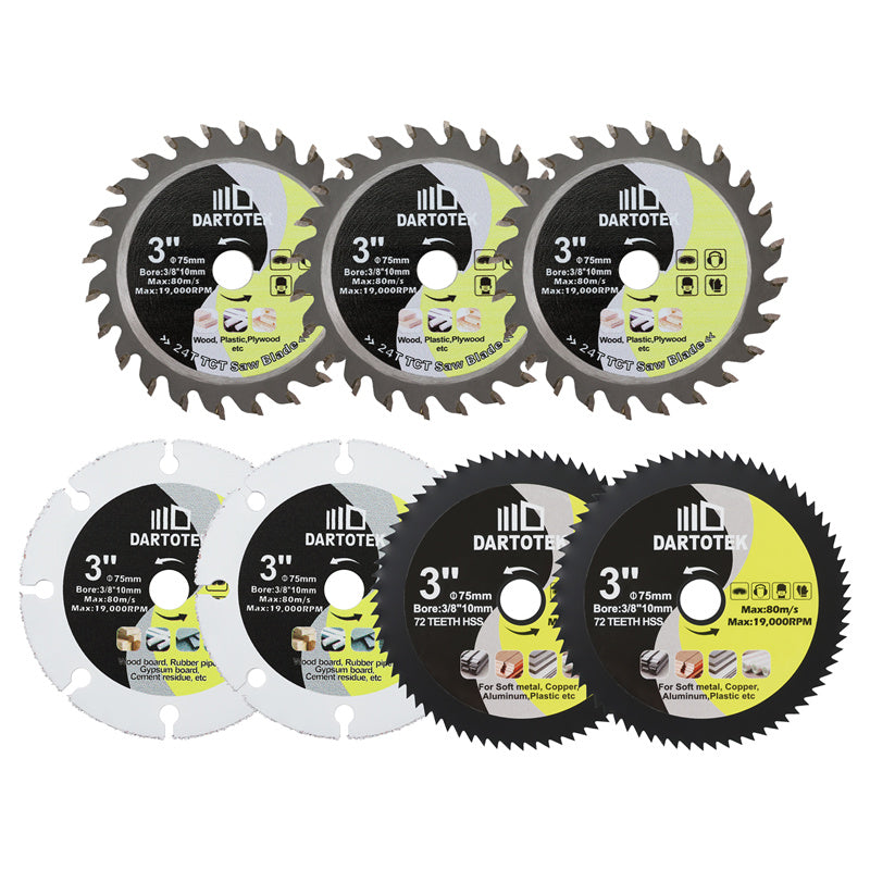 DARTOTEK 7pcs 3''75MM TCT Discs HSS Discs Carbided Cutting Dics for Wood Diamond Saw Tree Plastic Triming Metal Iron