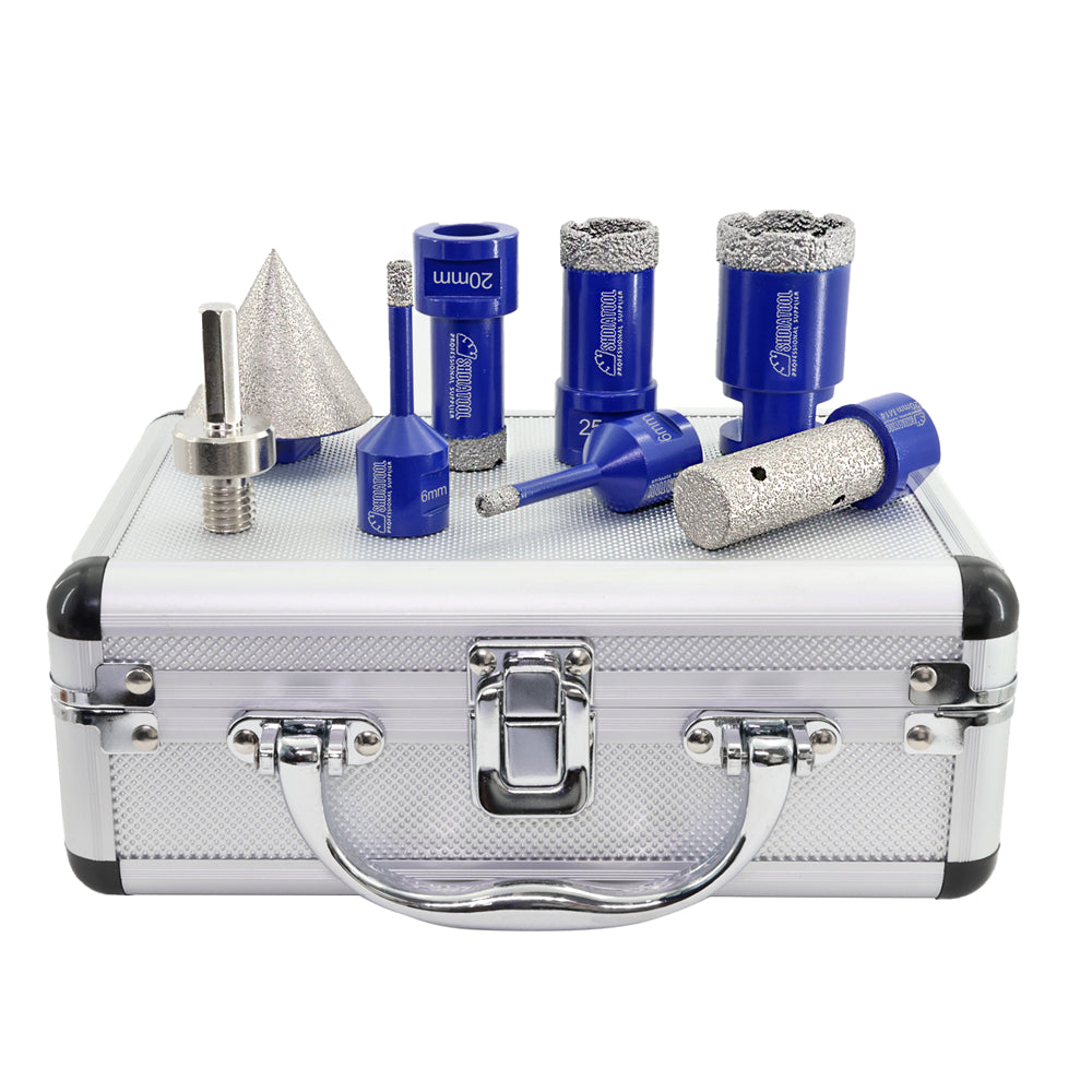 SHDIATOOL Diamond Core Bit Vacuum Brazed 6/6/20/25/35mm Drill Bit+ +20mm Finger Bit+50mm Chamfer Bit+M14 to Hex Adapter Marble Ceramic 1set/8pcs M14 - SHDIATOOL