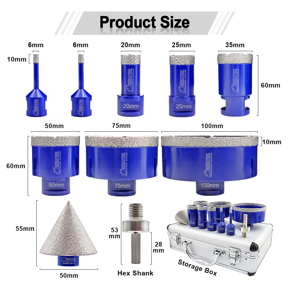 1set/10pcs Diamond Drill Core Bits Granite Marble Ceramic Hole Saw M14 Thread - SHDIATOOL