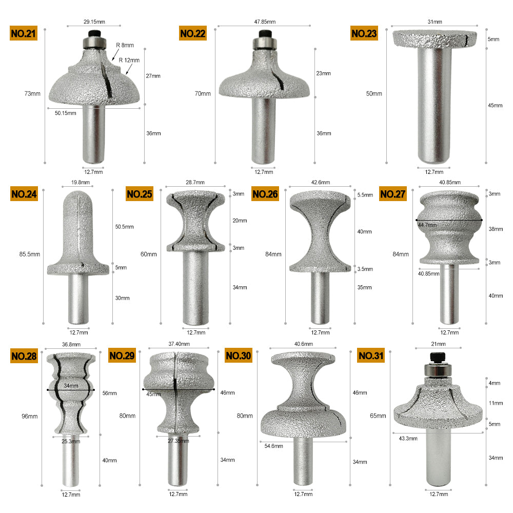 Diamond Router Bits with 1/2" Shank for Granite Marble 31 sizes 2pcs - SHDIATOOL