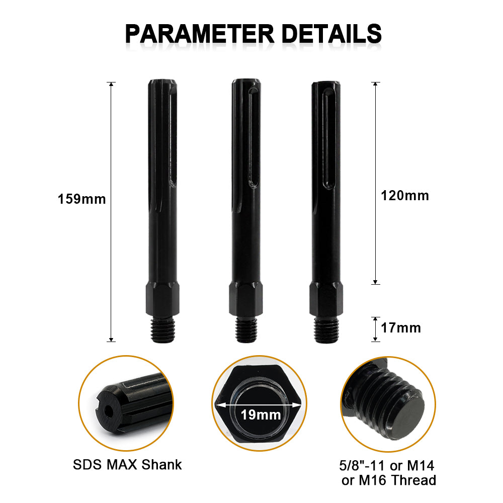 SHDIATOOL Adapter M14 or 5/8"-11/ or M16 Male Thread to SDS-Max Shank