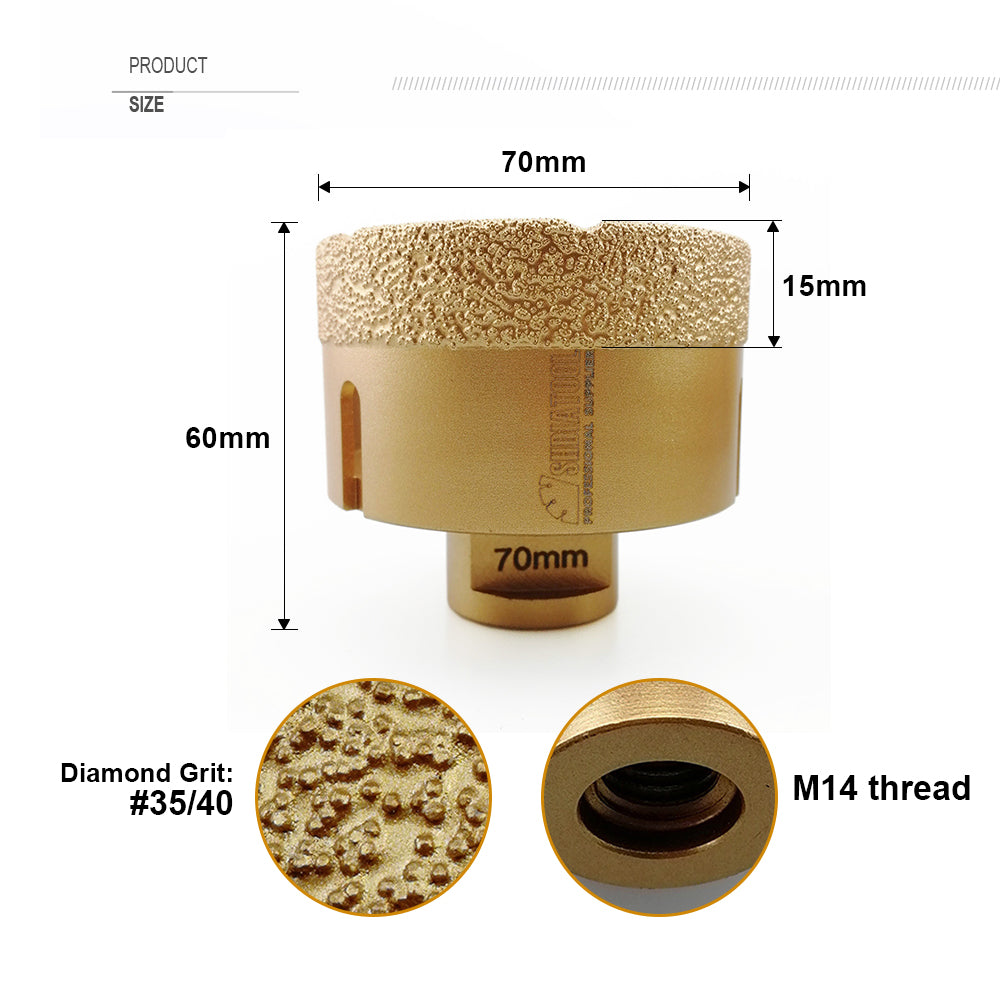 SHDIATOOL 70mm Diamond Drilling Core Bits for Ceramic Marble M14 Thread
