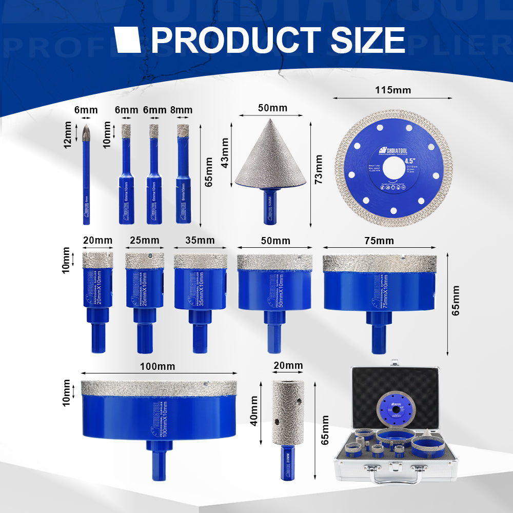 SHDIATOOL 12pcs Drilling Bit Kit Triangle Shank Carbide Bit 115mm X Mesh Cutting Disc Milling Bit Chamfer Hex for Granite Marble Porcelain