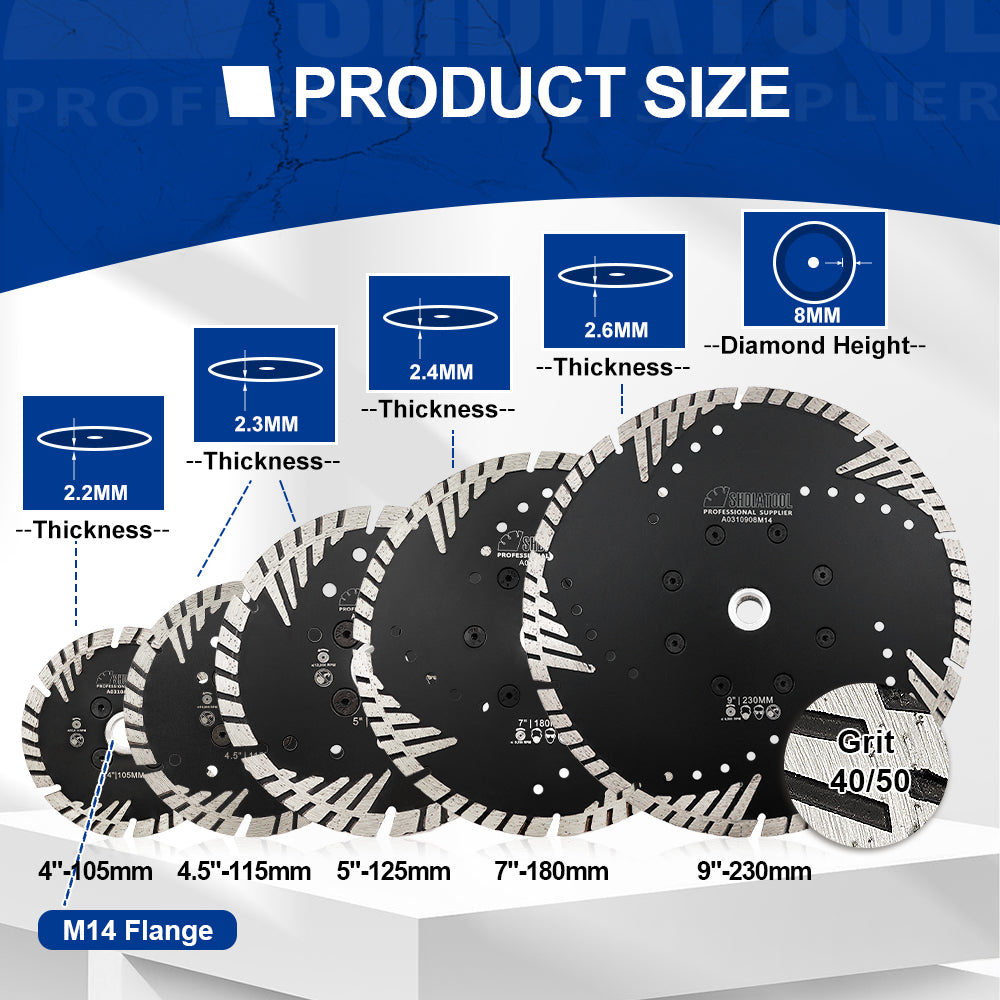 Turbo Saw Blade With Slant Protection Teeth 5pcs 4/4.5/5" Concrete Granite 5/8-11 or M14 Flange