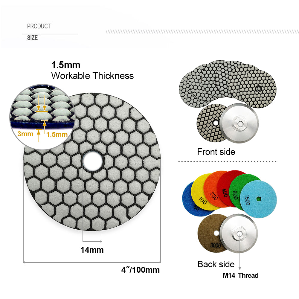 4inch Dry Diamond Polishing Pad for Granite 8pcs/set Mixed Grits Plus a Base Backer - SHDIATOOL