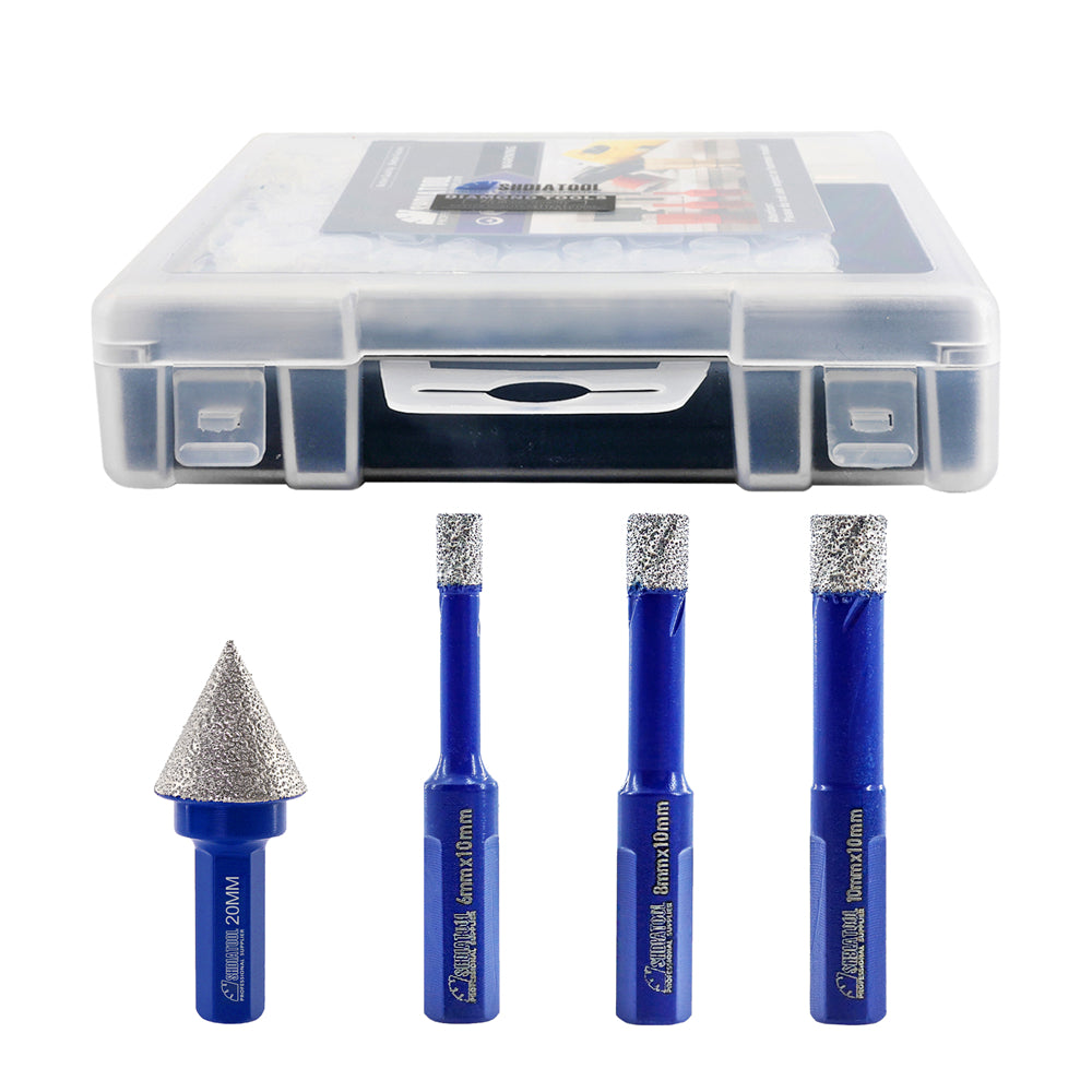 Diamond Drill Bits 4pcs/set Dia 6/8/10mm Core Bits Triangle Shank+20mm Chamfer Bit Ceramic Granite Marble Vacuum Brazed Hole Saw