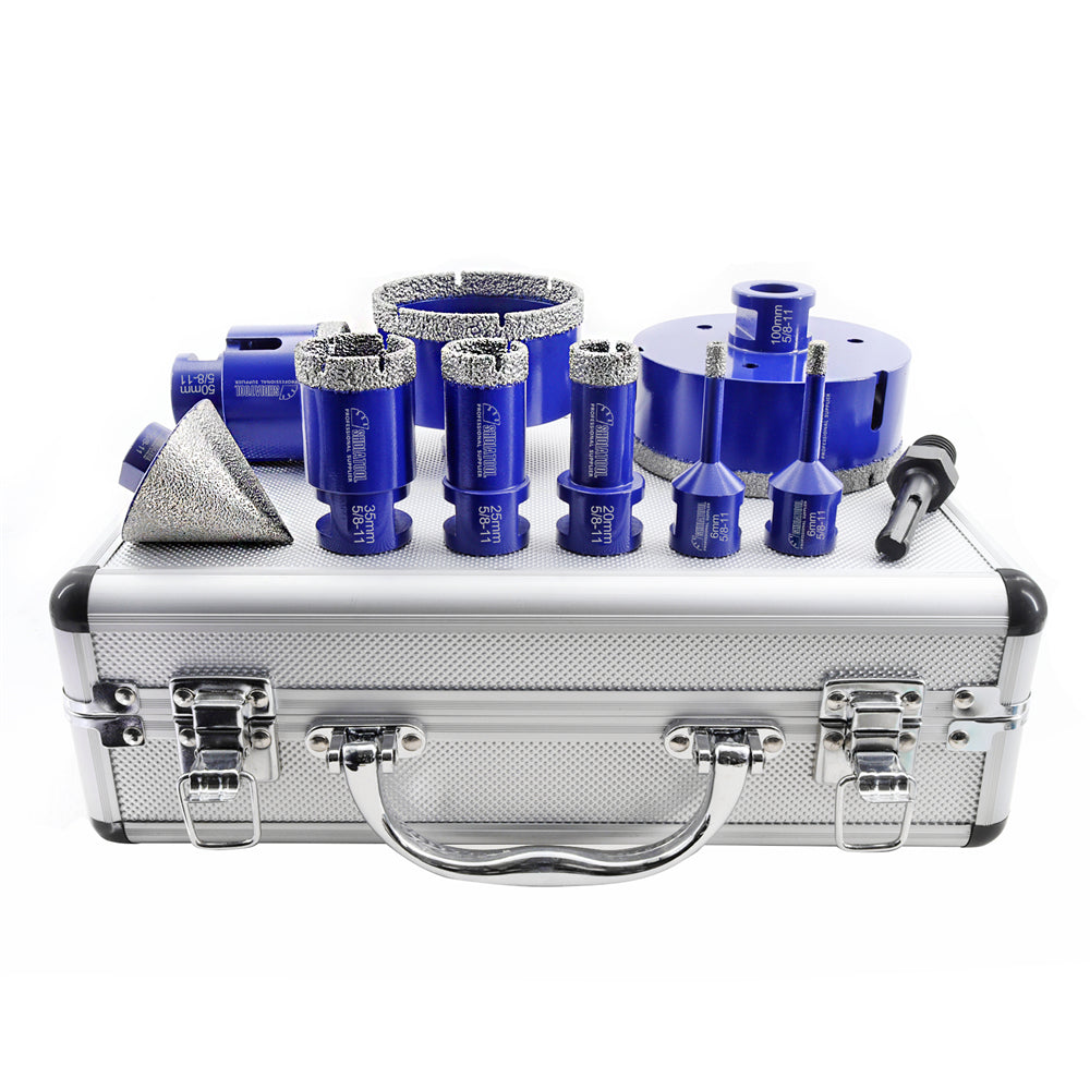 SHDIATOOL Diamond Drill Core Bits 1set/10pcs 6/6/20/25/35/50/70/100mm+50mm Chamfer Bit+SDS Adapter for Porcelain Til Granite Marble with 5/8"-11 Thread - SHDIATOOL