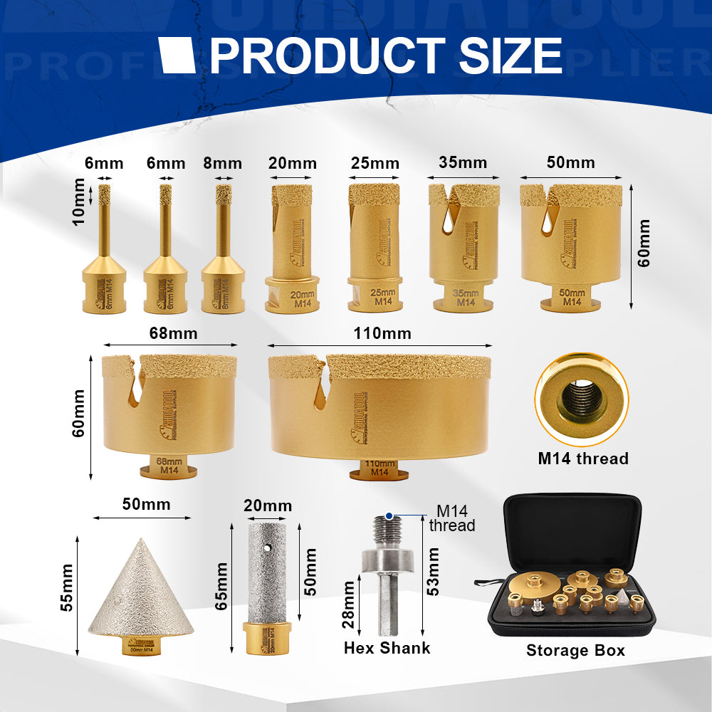 DE Warehouse SHDIATOOL Diamond 12pcs/kit Core Drill Bits M14 for Ceramic Tile Porcelain