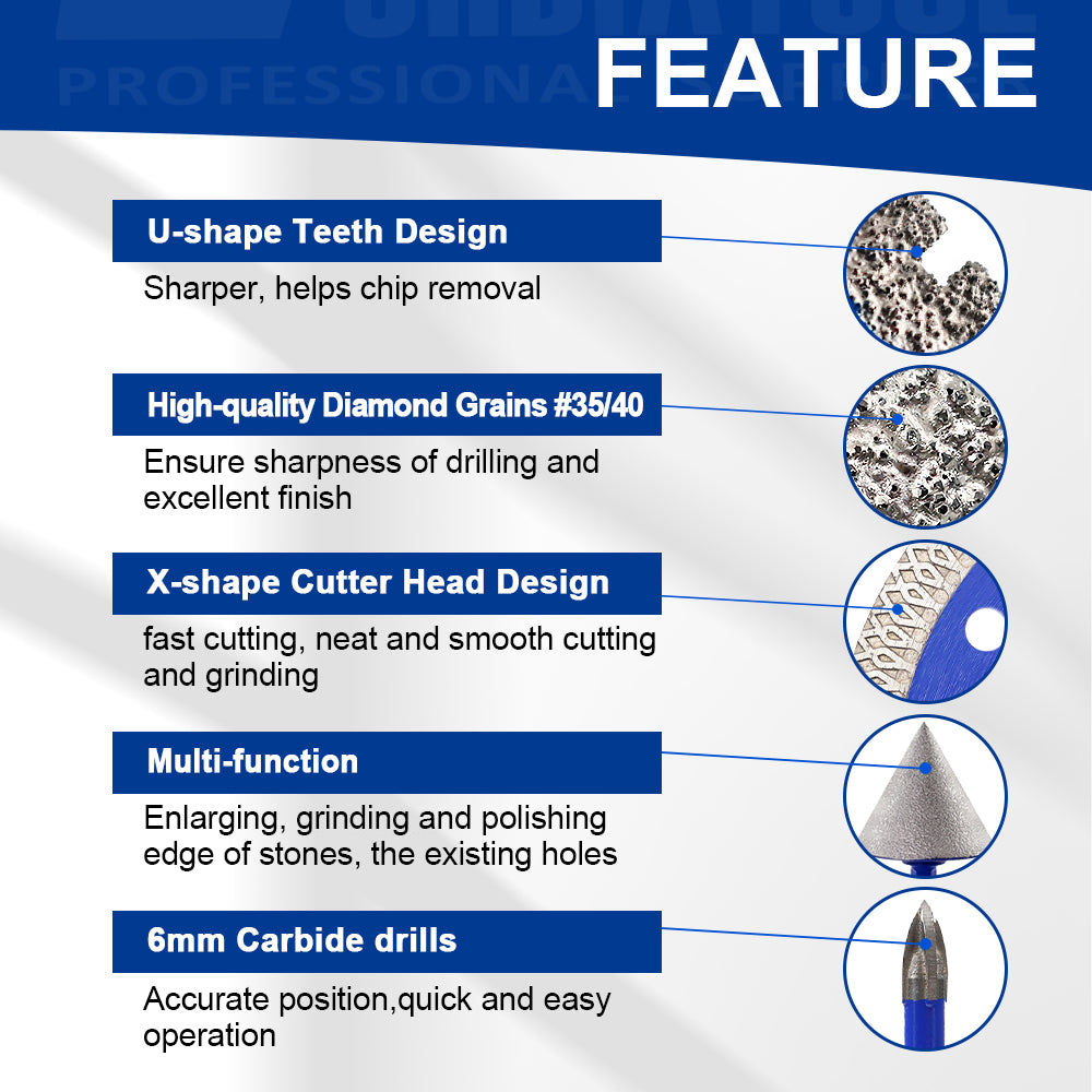 SHDIATOOL 12pcs Drilling Bit Kit Triangle Shank Carbide Bit 115mm X Mesh Cutting Disc Milling Bit Chamfer Hex for Granite Marble Porcelain