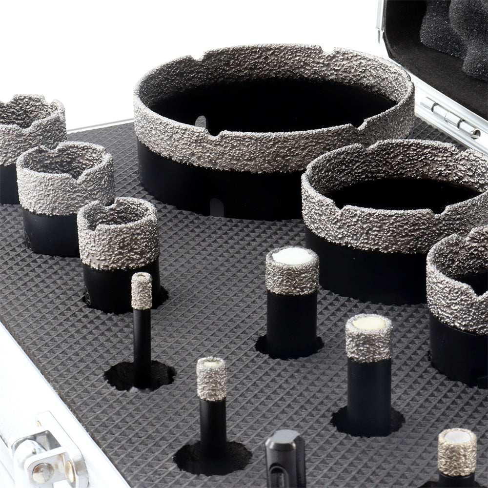 SHDIATOOL Diamond Core Drill Bits Set with 5/8-11 Thread for Tile Procelain Ceramic Granite Marble 13pcs/Box Dia 6/8/10/13/16/25/32/35/45/51/65/102mm+SDS Adapter - SHDIATOOL