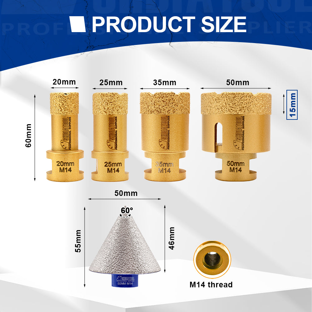 SHDIATOOL 5pcs 20/25/35/50MM Drill Bits 2 inch 50mm
Beveling Grinding Chamfer Bit M14 Drill Bits Kit for Tile Marble Granite Porcelain Sandstone