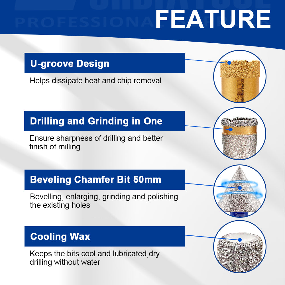 SHDIATOOL 6pcs 6/35MM Drill Bits 20MM Milling Drilling Finger Hex Adapter Bit Beveling Chamfer Bit M14 Drill Bits Kit for Tile Marble Granite Porcelain Sandstone