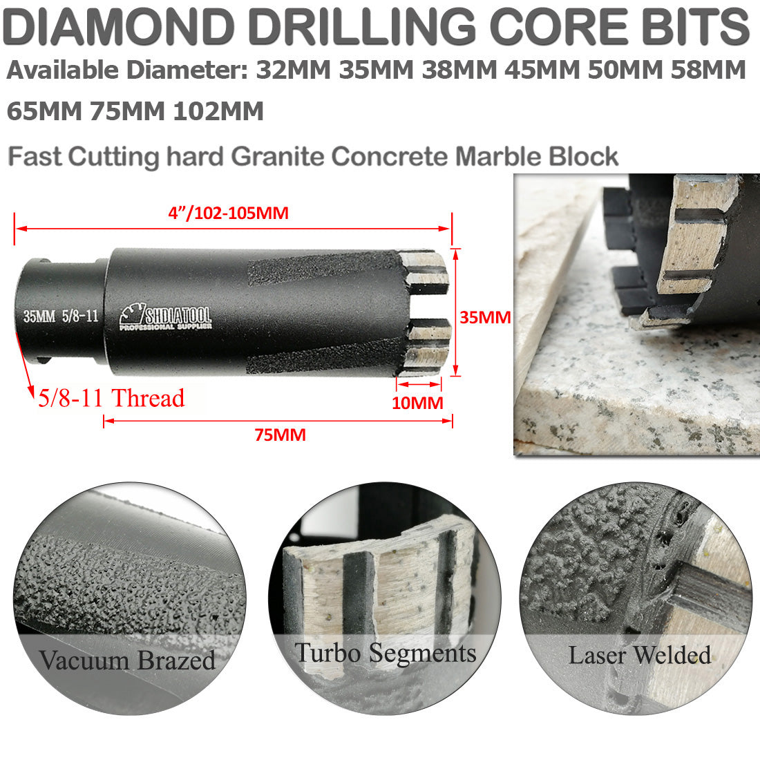 Diamond Core Bit Laser Welded 18-102mm for Hard Stone Concrete Marble USA Warehouse - SHDIATOOL