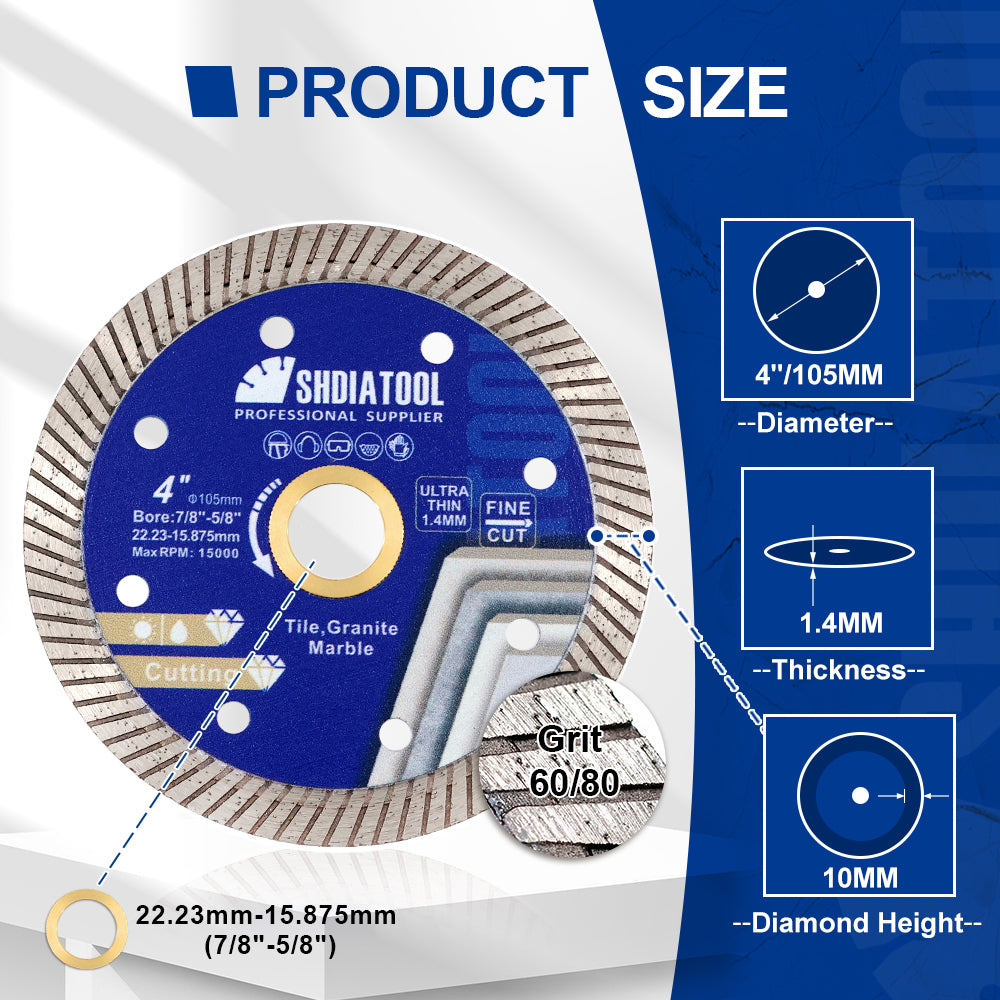 SHDIATOOL 4/4.5/5inch Superthin Diamond Turbo Saw Blade Ceramic Tile Cutting Disc Marble Circular Saw Cutter Dia 100-125mm