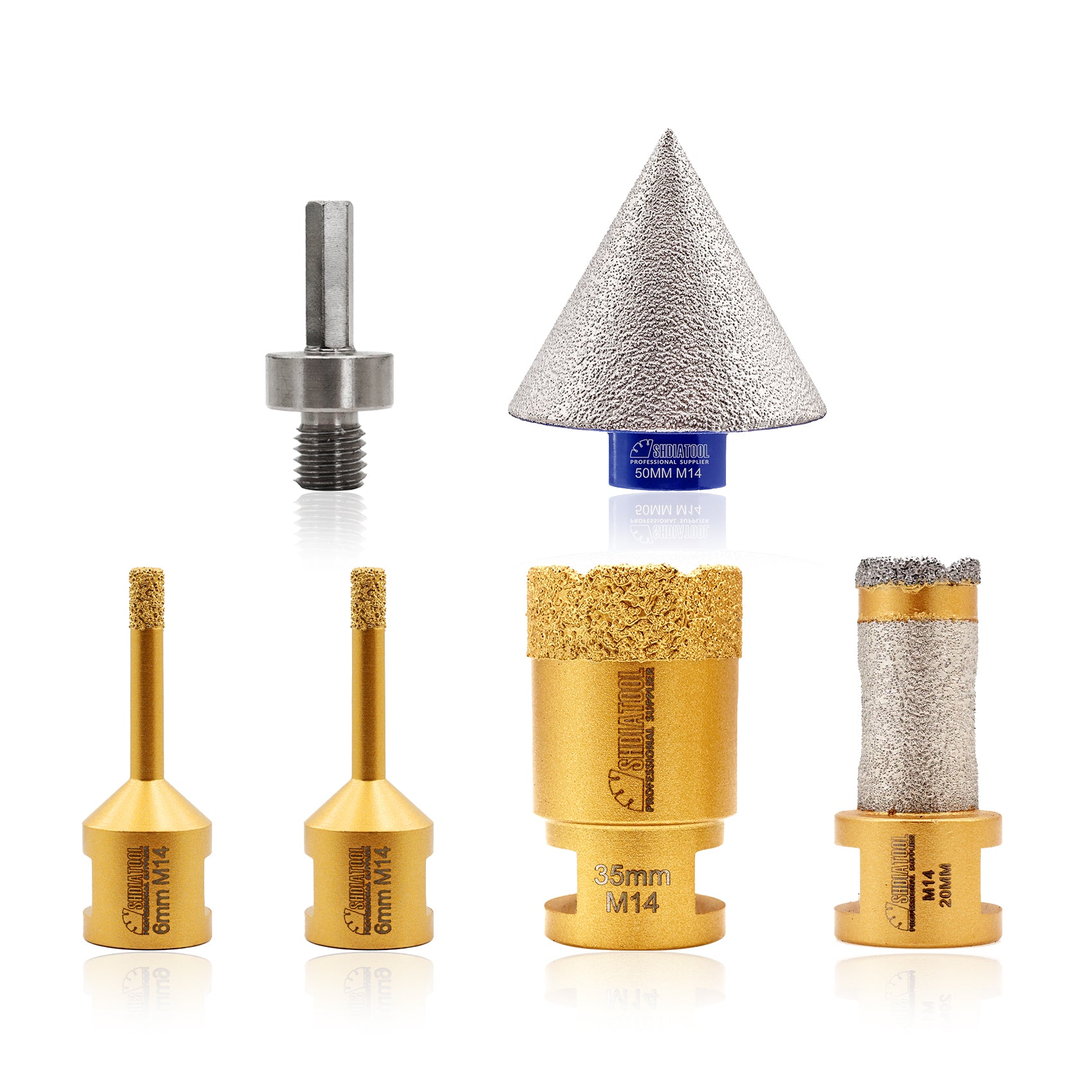 SHDIATOOL 6pcs 6/35MM Drill Bits 20MM Milling Drilling Finger Hex Adapter Bit Beveling Chamfer Bit M14 Drill Bits Kit for Tile Marble Granite Porcelain Sandstone