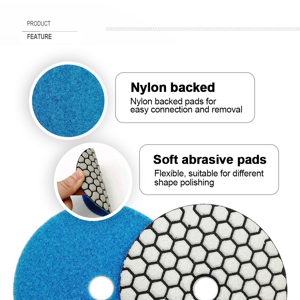 4 inch Dry Diamond Polishing Pad for Granite Marble 7pcs/set Mixed Grits Plus a 5/8-11 Backer - SHDIATOOL
